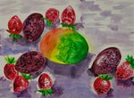 Still life with strawberries, mangos, avocado